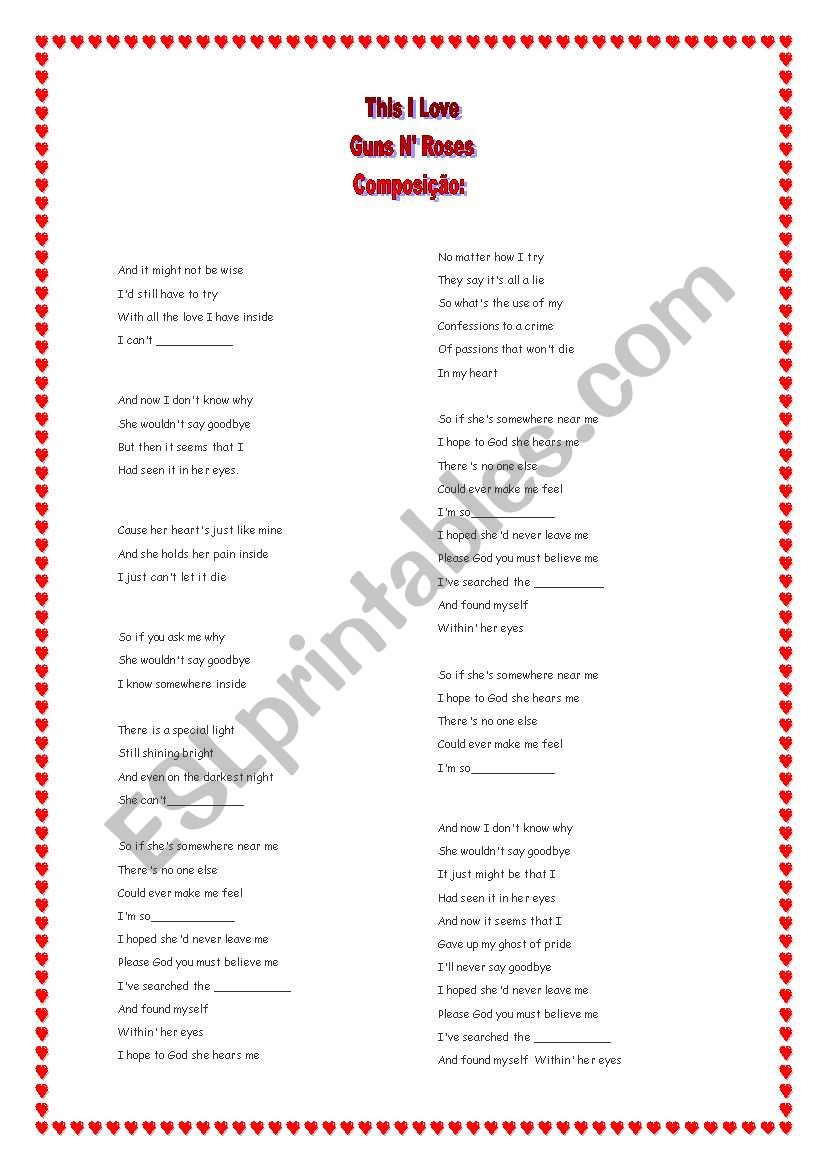 this I love by guns nroses worksheet