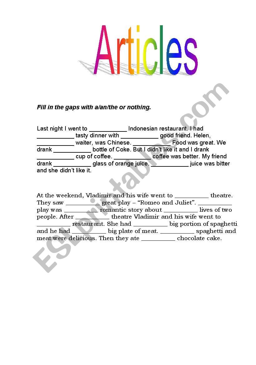 articles worksheet