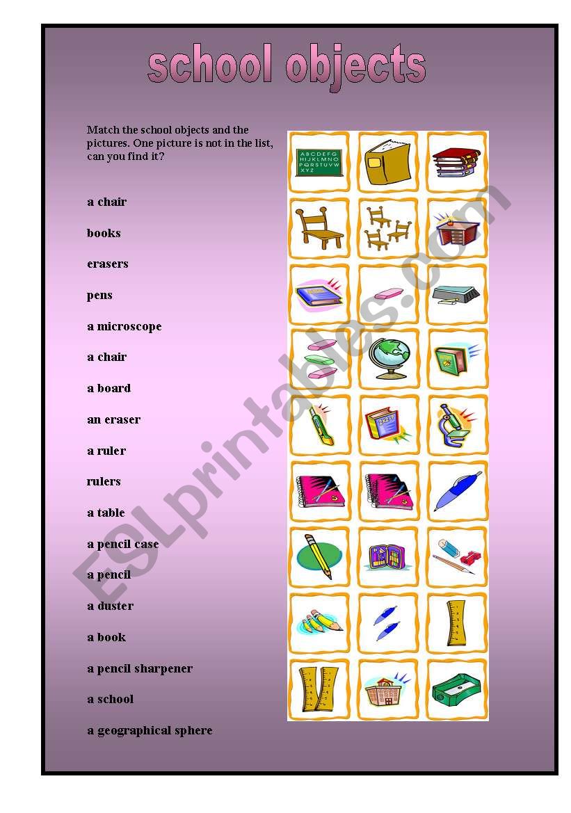 school objects worksheet