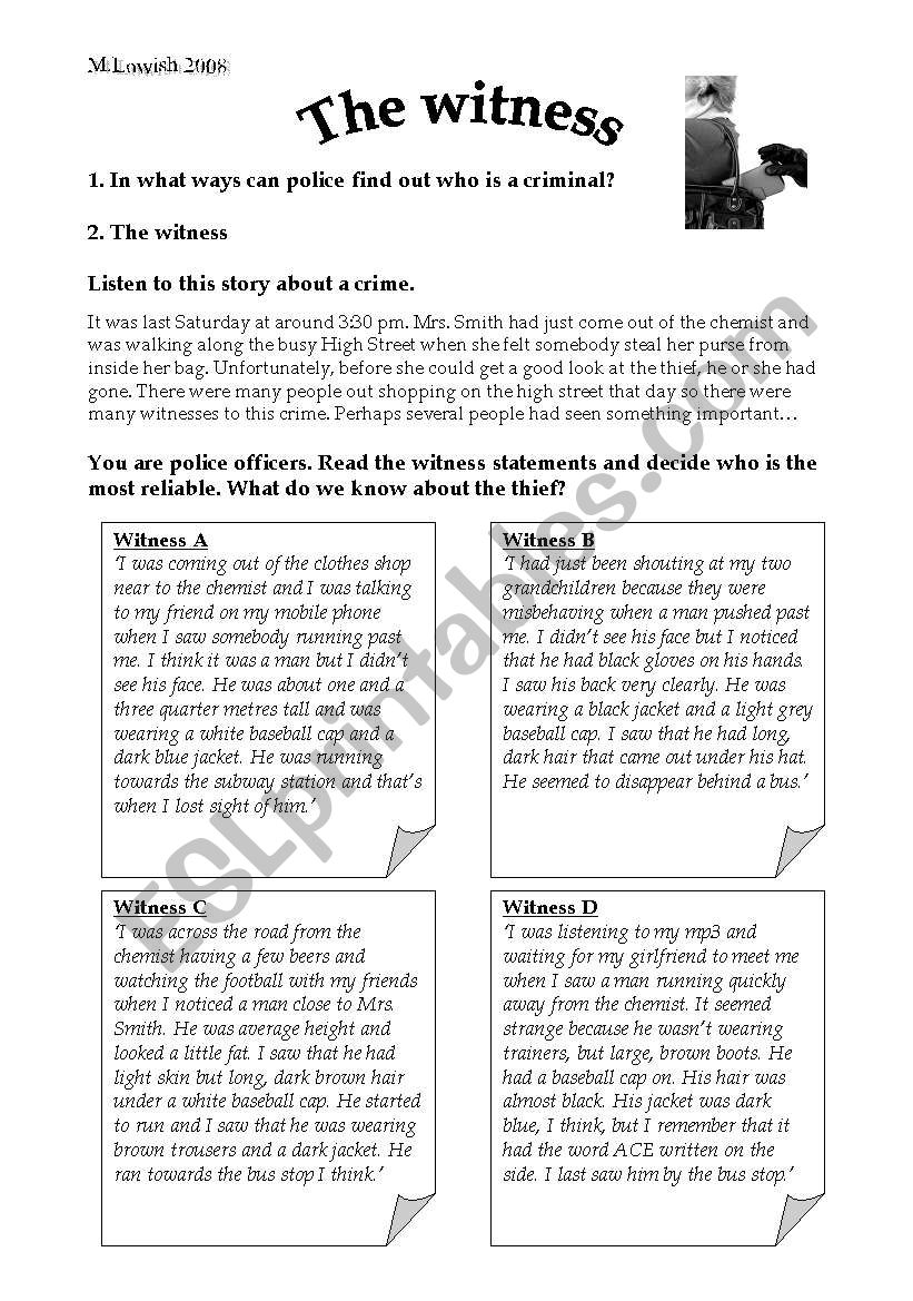 Witness to a crime worksheet