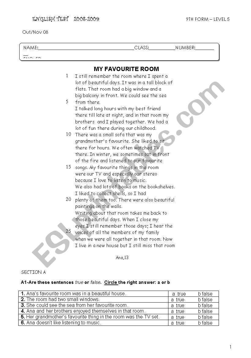 TEST- My favourite room worksheet