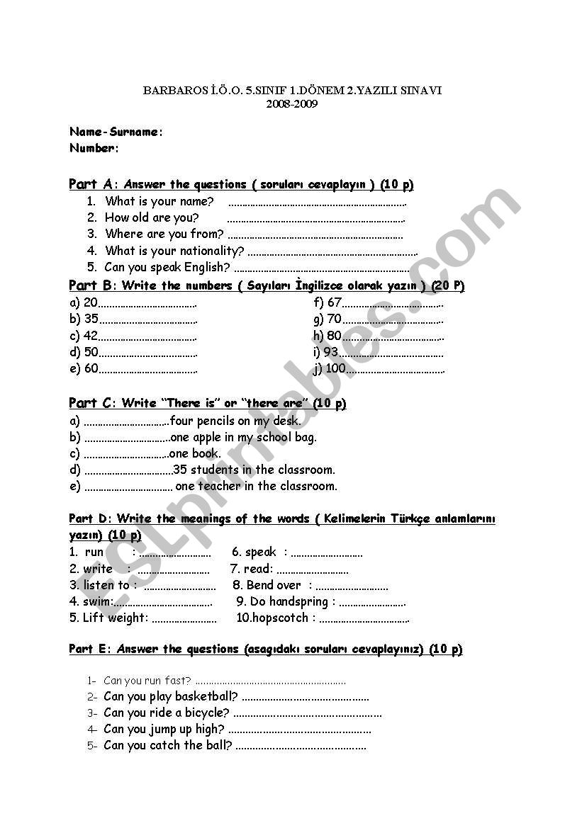 5th grade 1st term 2nd english written exam