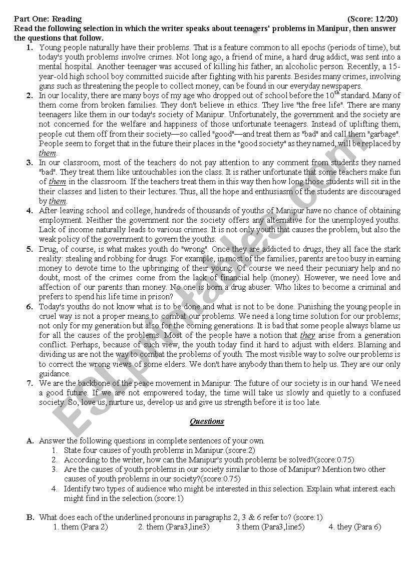 teenagersÂ´ problems worksheet