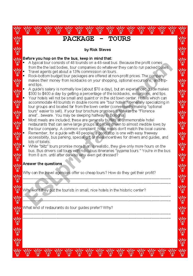 PACKAGE TOURS worksheet