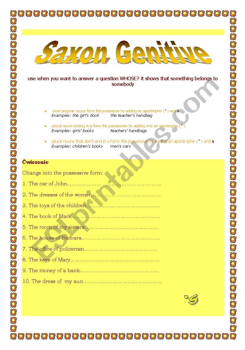 saxon genitive/ possessives worksheet