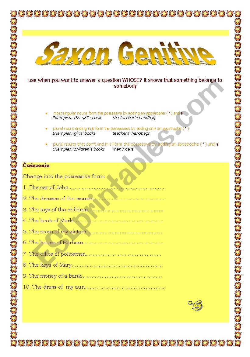 saxon genitive/ possessives worksheet