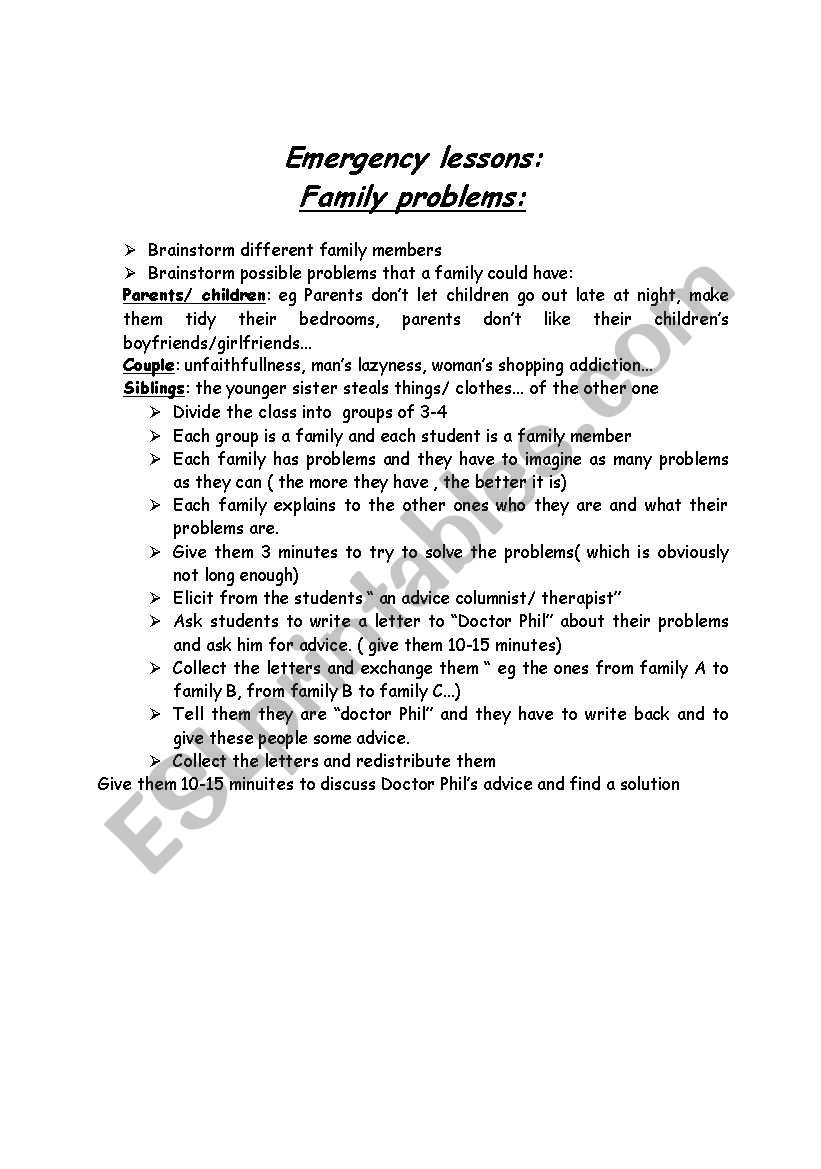 family problems worksheet