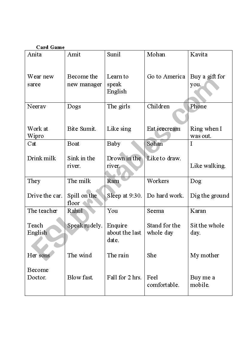 Card Game worksheet