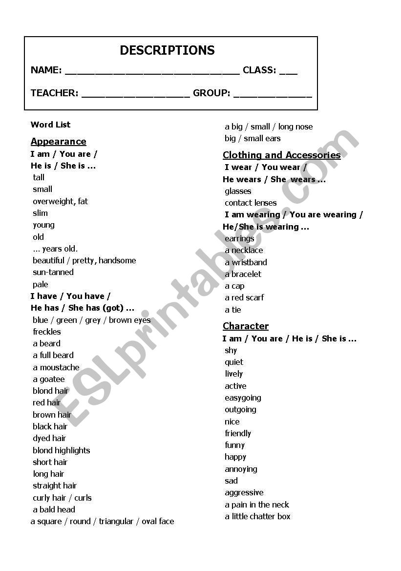 Descriptions-vocabulary- worksheet