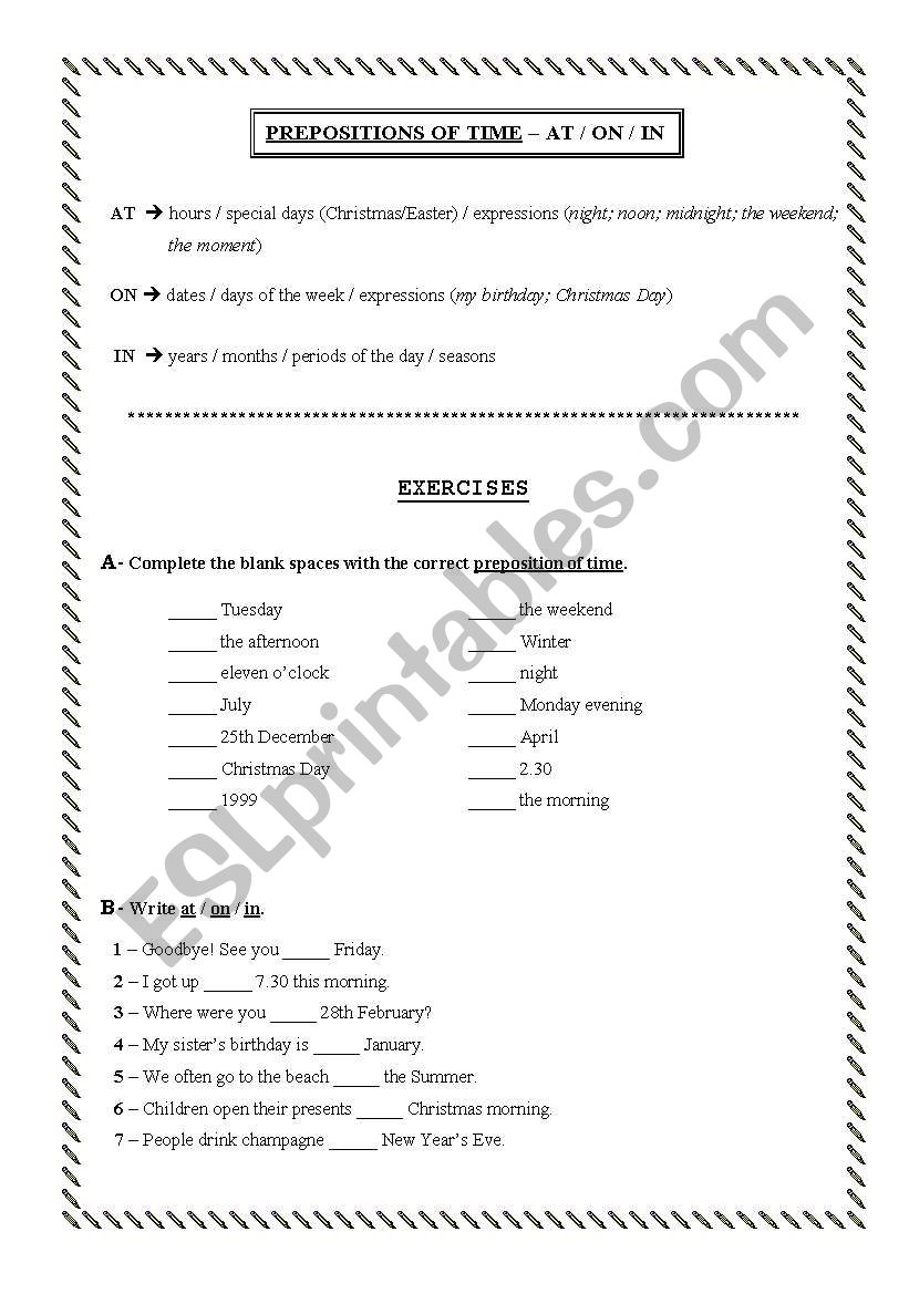 Prepositions of time worksheet