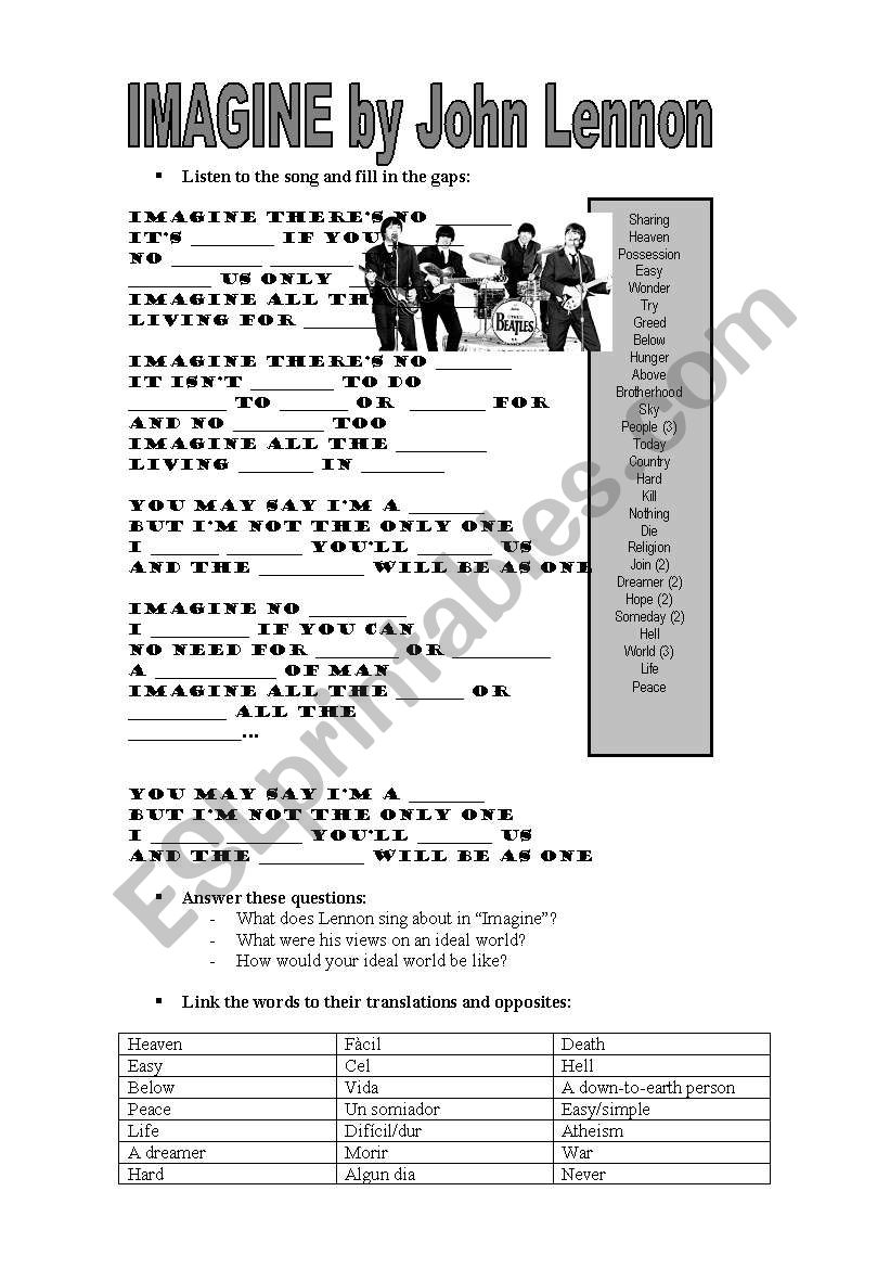 Imagine by John Lennon worksheet