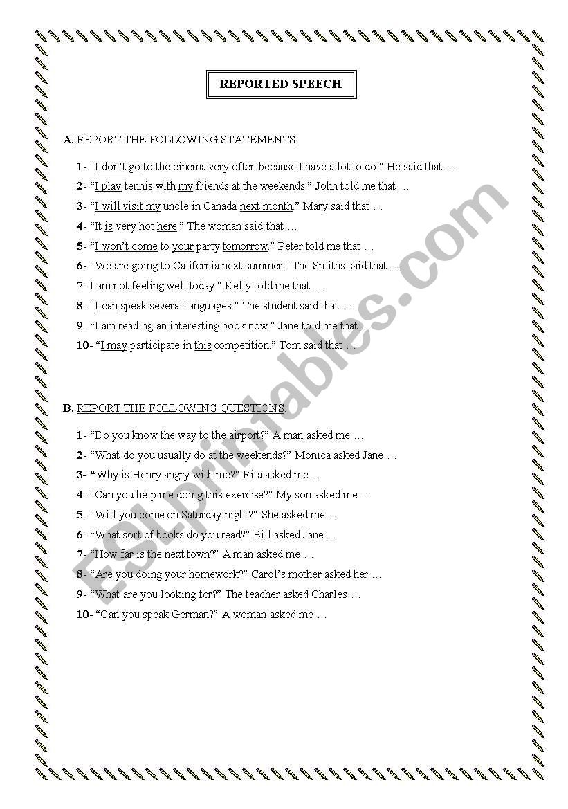 Reported Speech worksheet