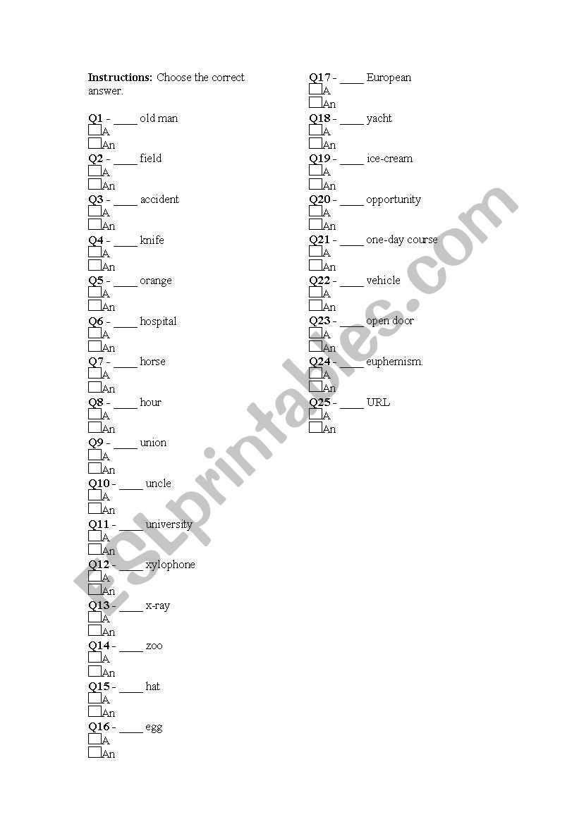 Practice articles a/an worksheet