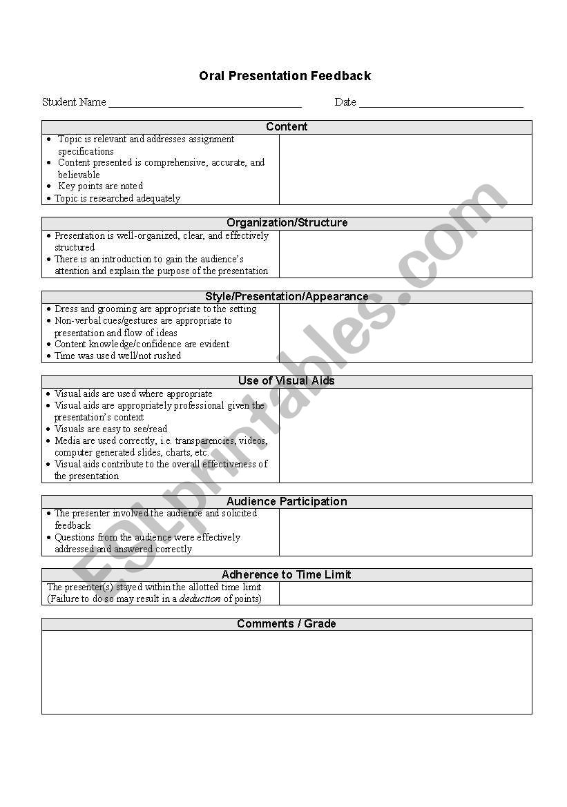Oral Presentation form worksheet