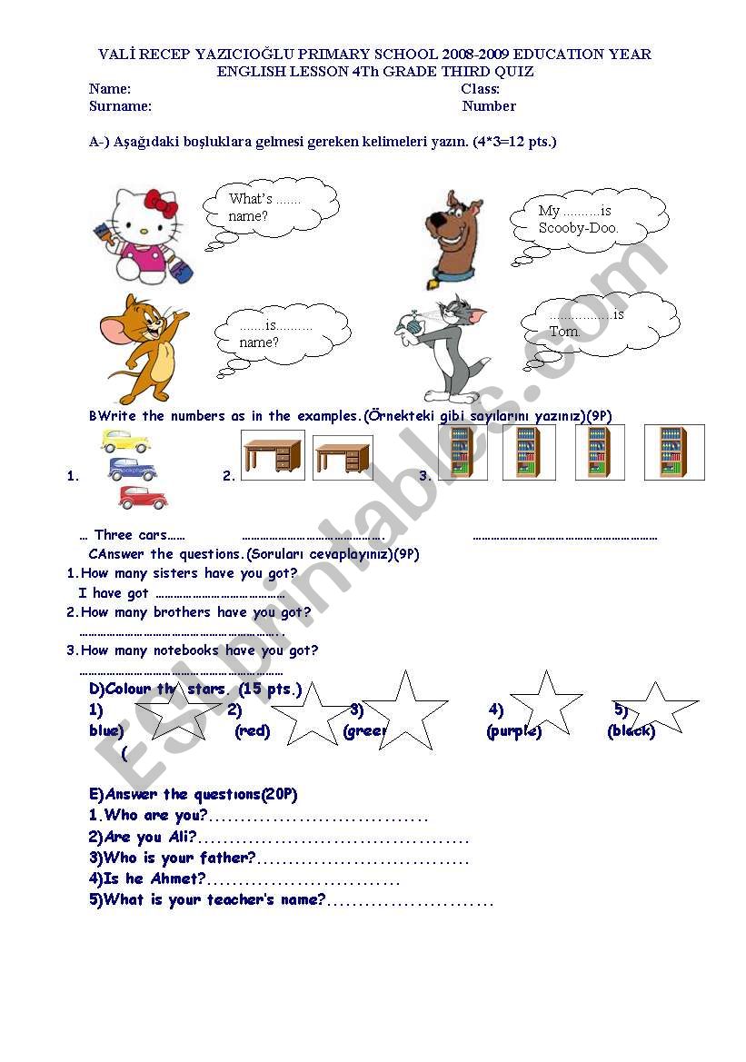 4th grade unt 1,2.3 quz worksheet