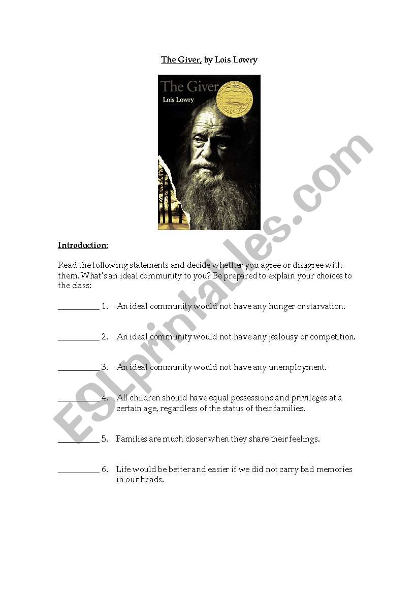 The Giver by Lois Lowry worksheet
