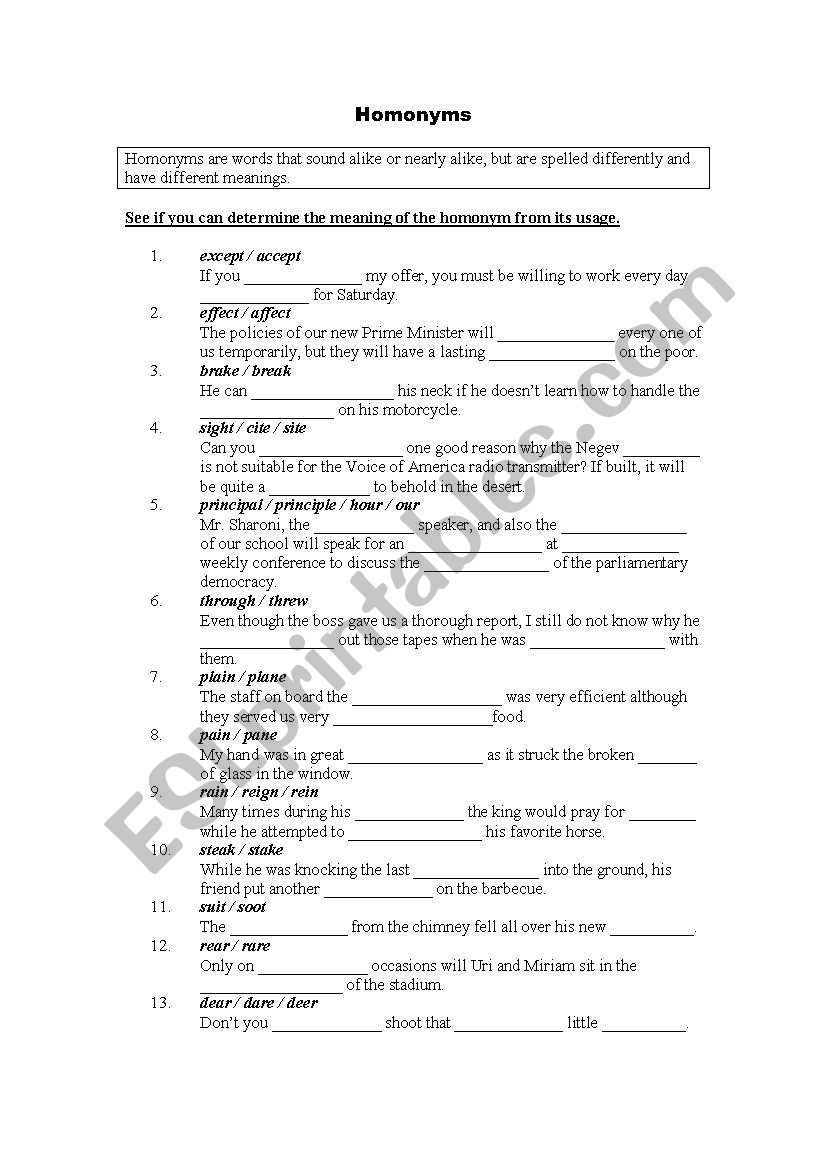 Homonyms worksheet