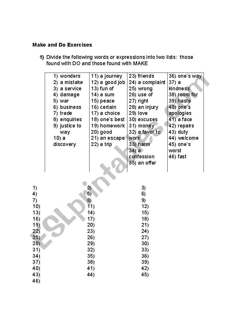 Make and Do Differences worksheet