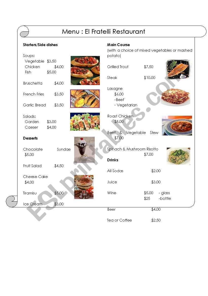 Menu and dialogue worksheet