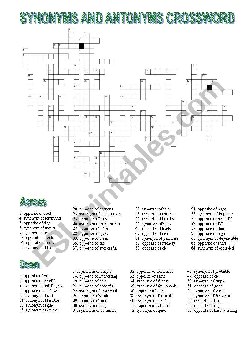 CROSSWORD SYNONYMS AND ANTONYMS OF ADJECTIVES ESL Worksheet By LAMERCHE