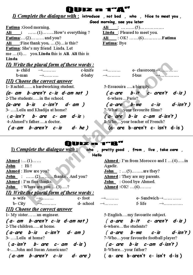 quizzes worksheet