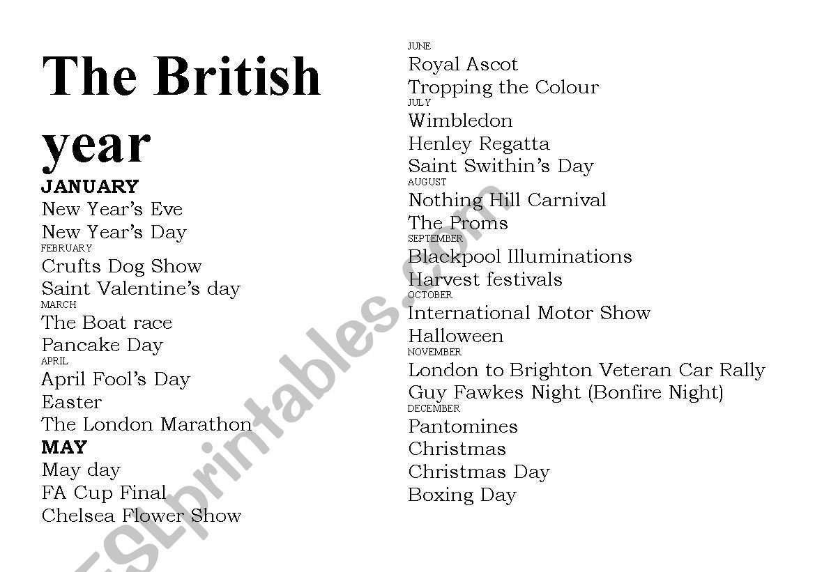 ENGLISH FESTIVALS CALENDAR worksheet