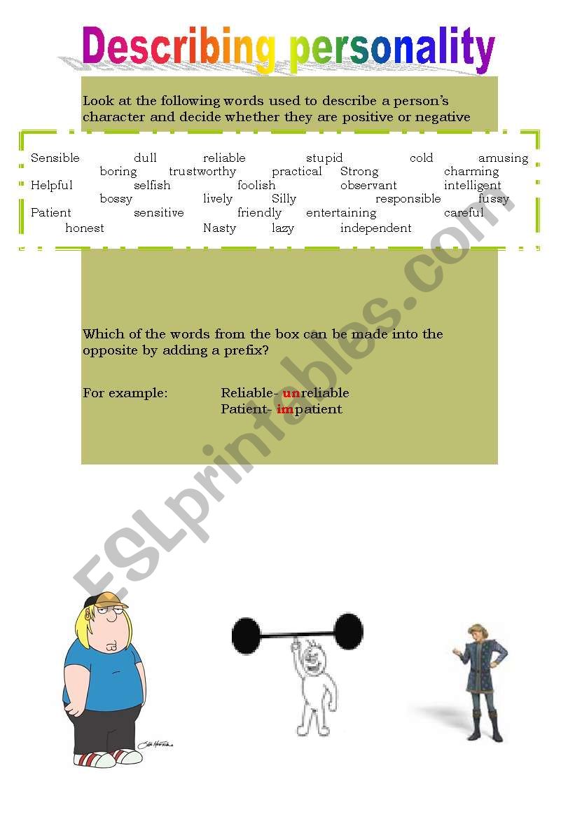 personality and prefixes worksheet