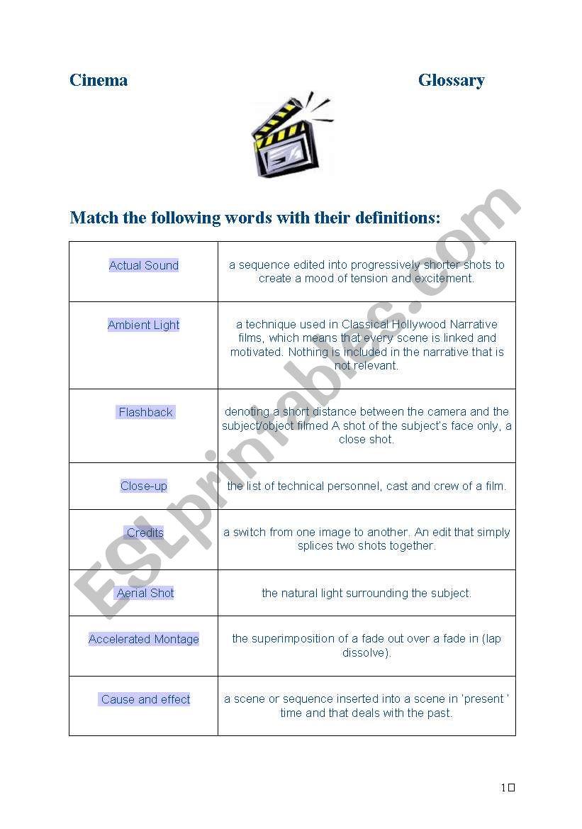 Cinema glossary (matching activity)