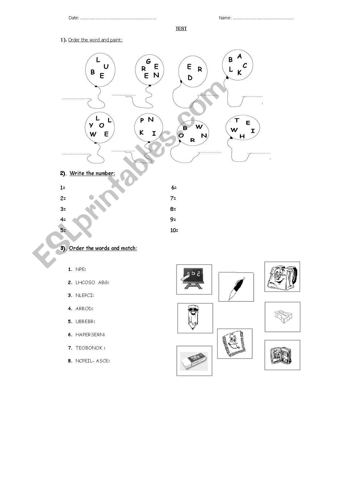 test . colours, numbers and school objects