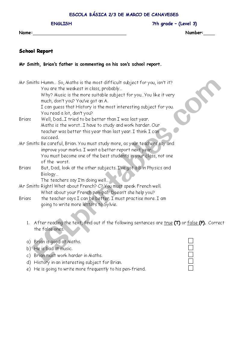 school report worksheet