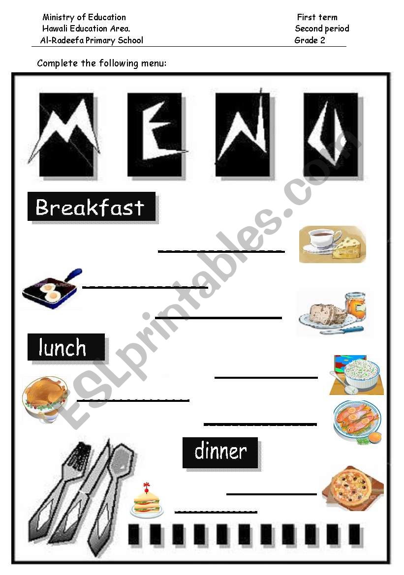 complete the menu  worksheet