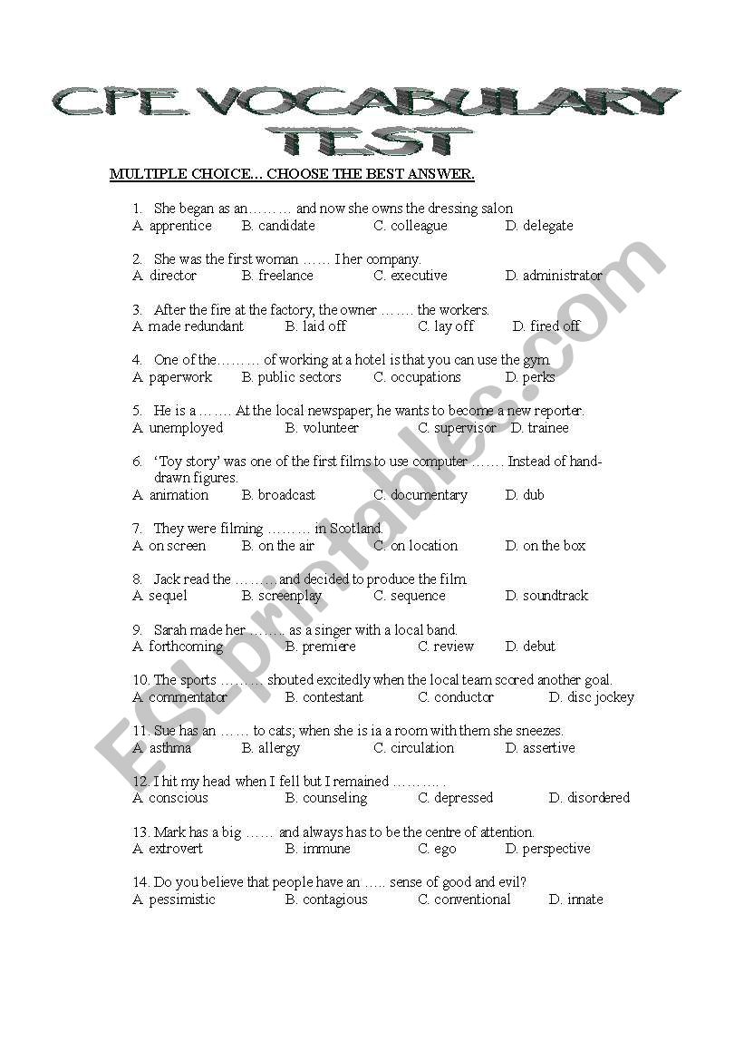 CPE  VOCABULARY TEST worksheet