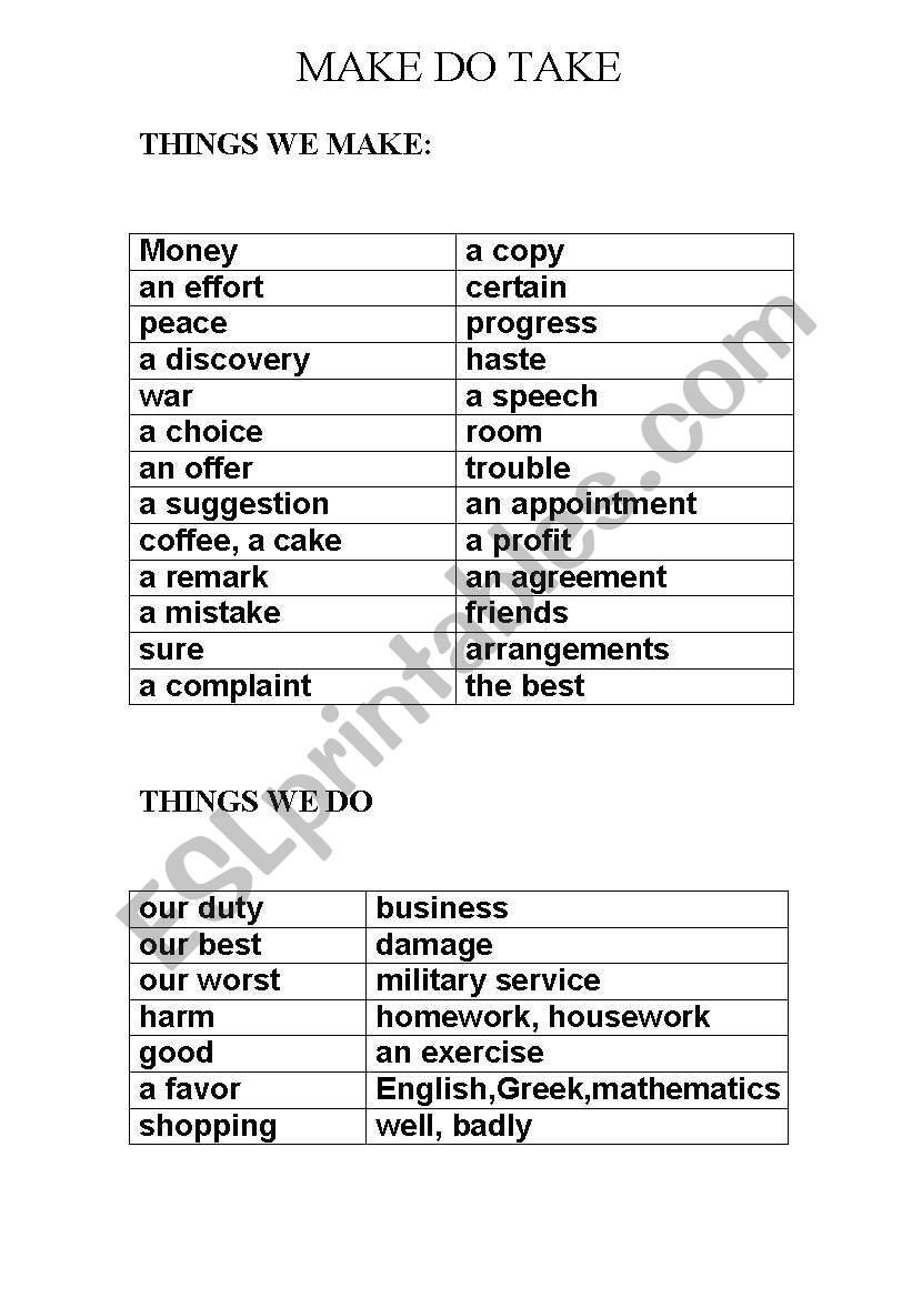 Make and Do worksheet