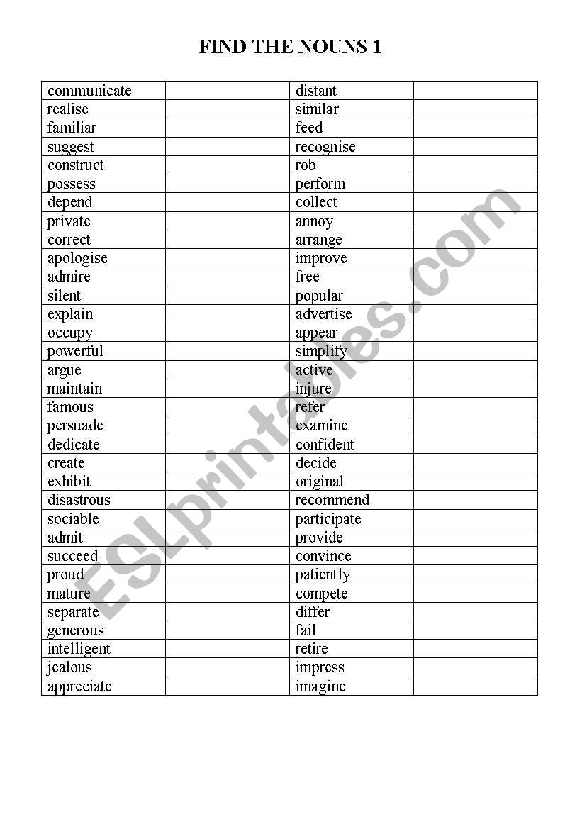 Find the nouns worksheet