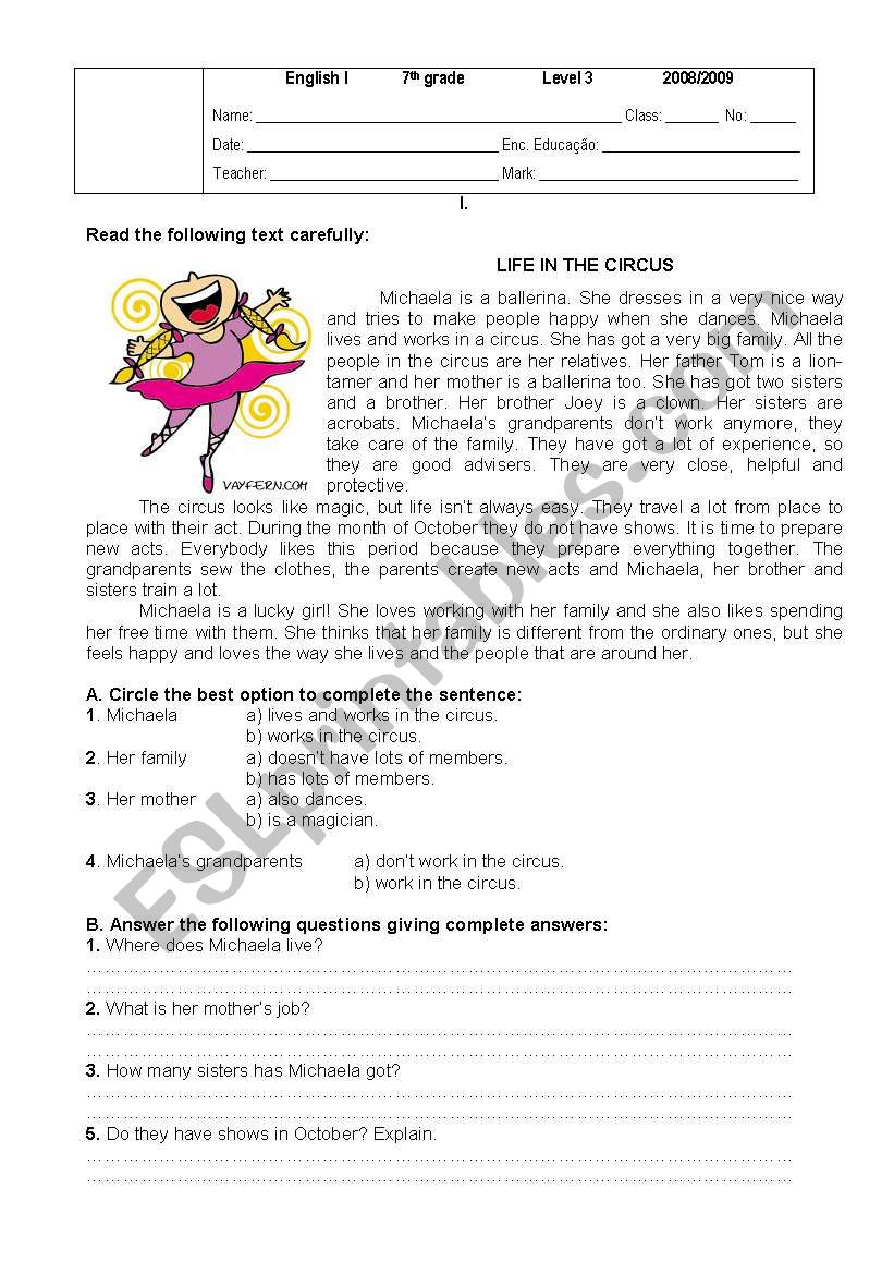 Life in the circus worksheet