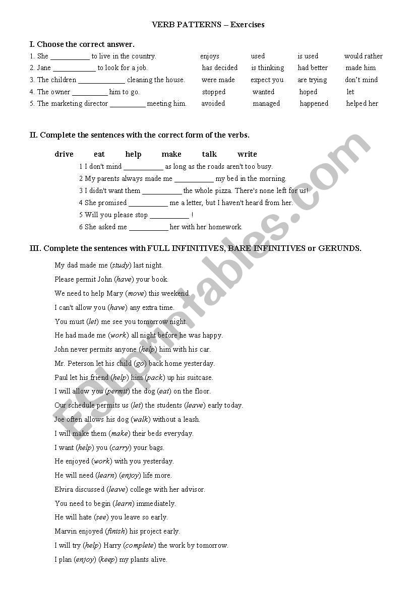 VERB PATTERNS - Exercises worksheet