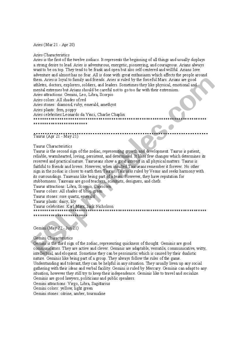 Horoscopes worksheet