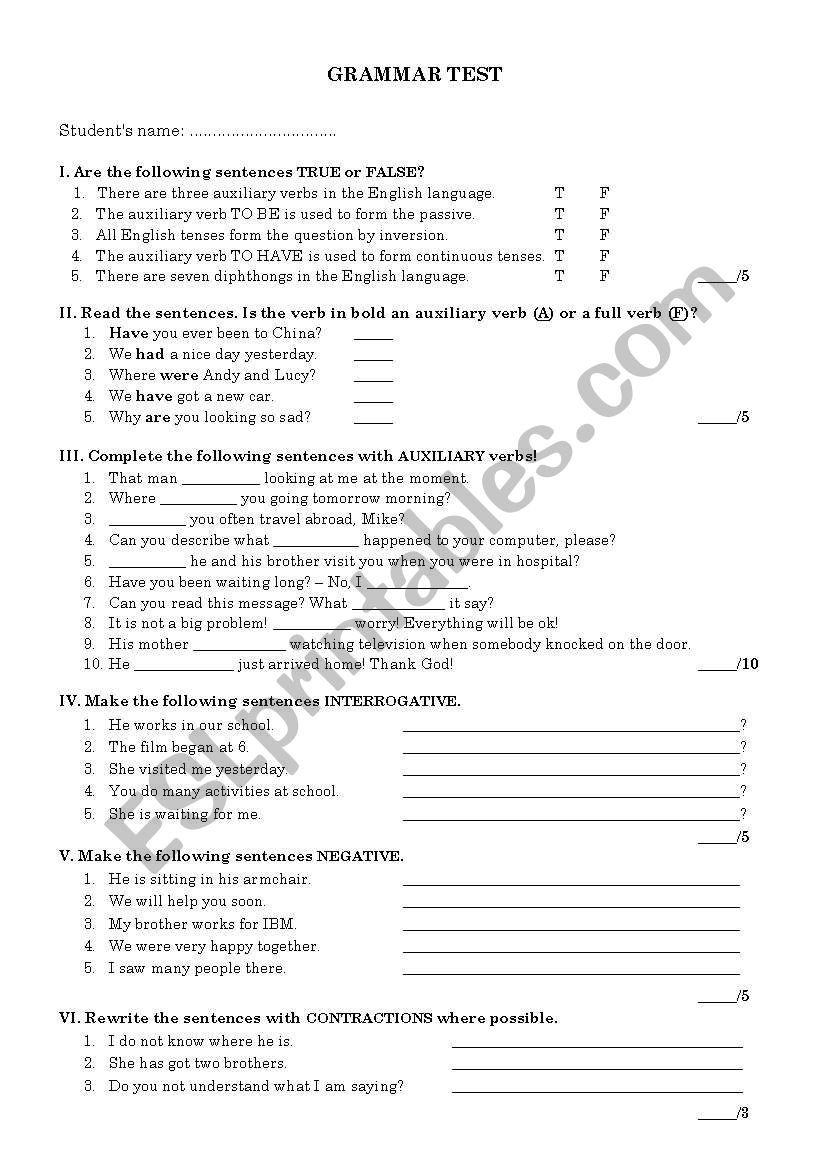 Grammar Test - Auxiliary verbs and Parts of speech