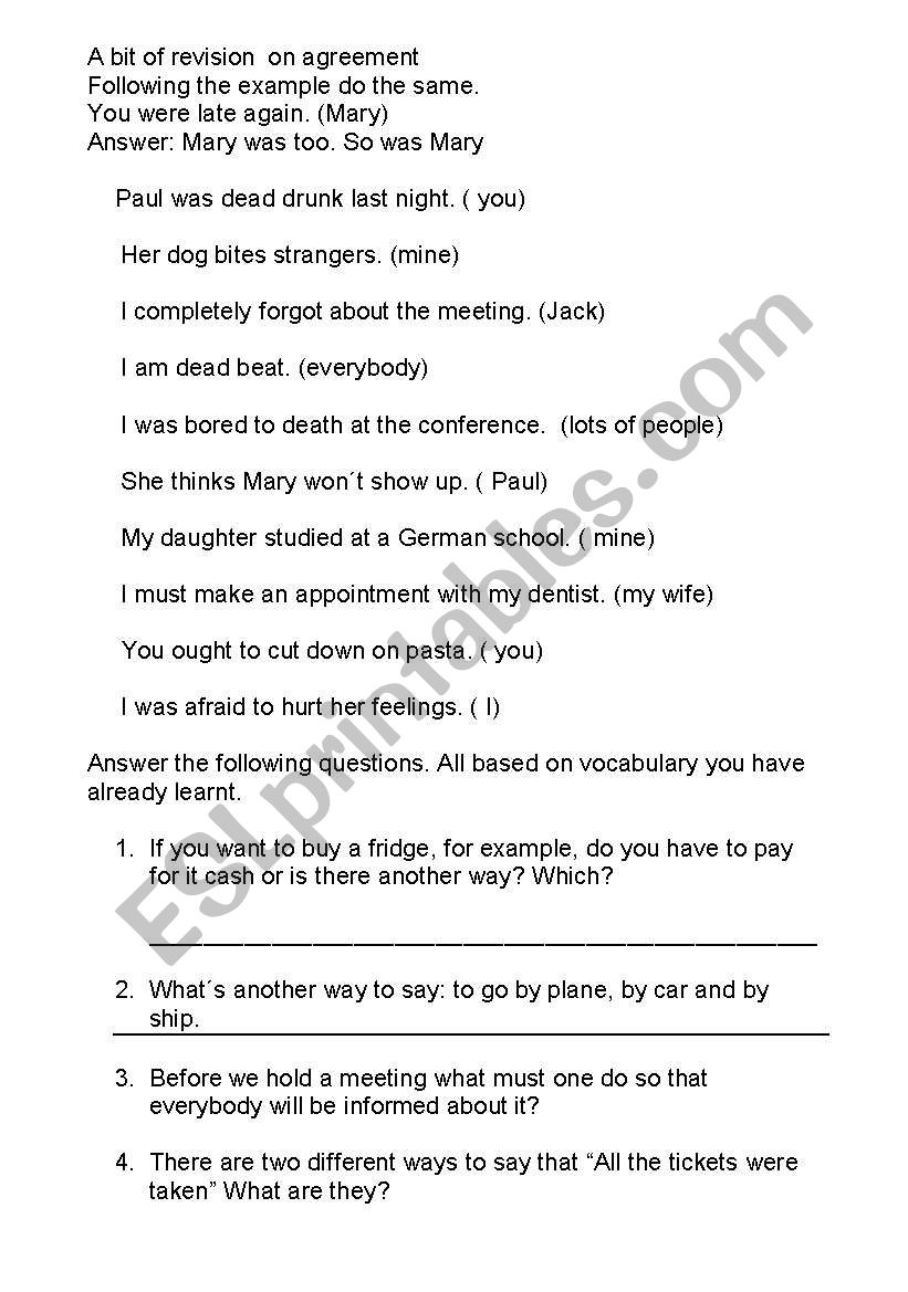 Exercise on Agreement worksheet