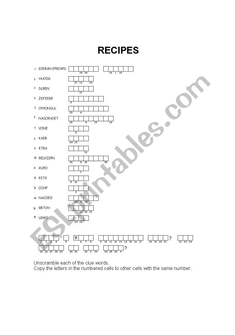 Cooking vocabulary worksheet