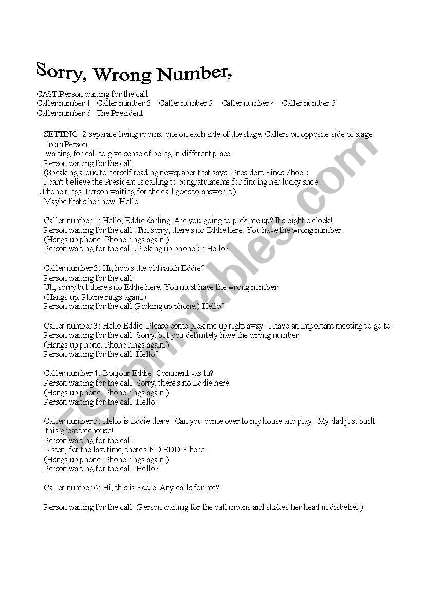 a play sorry wrong number worksheet