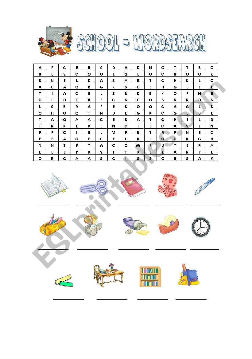 school objects - wordsearch worksheet