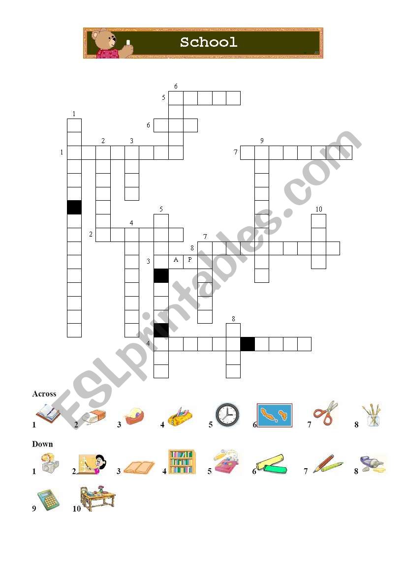 School objects - crosswords worksheet