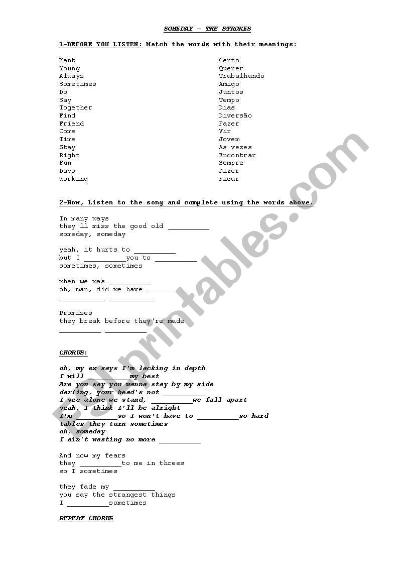 song: SOMEDAY - The Strokes worksheet