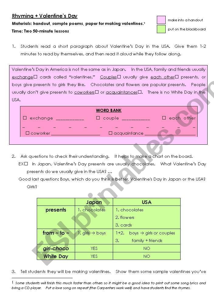 Valentines Day in Japan: Rhyming (includes worksheet)