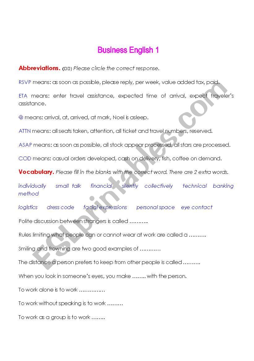 Business English 1. worksheet