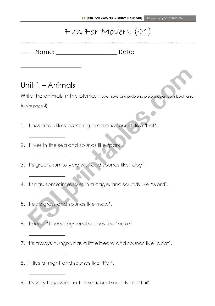 Fun for movers - animals worksheet