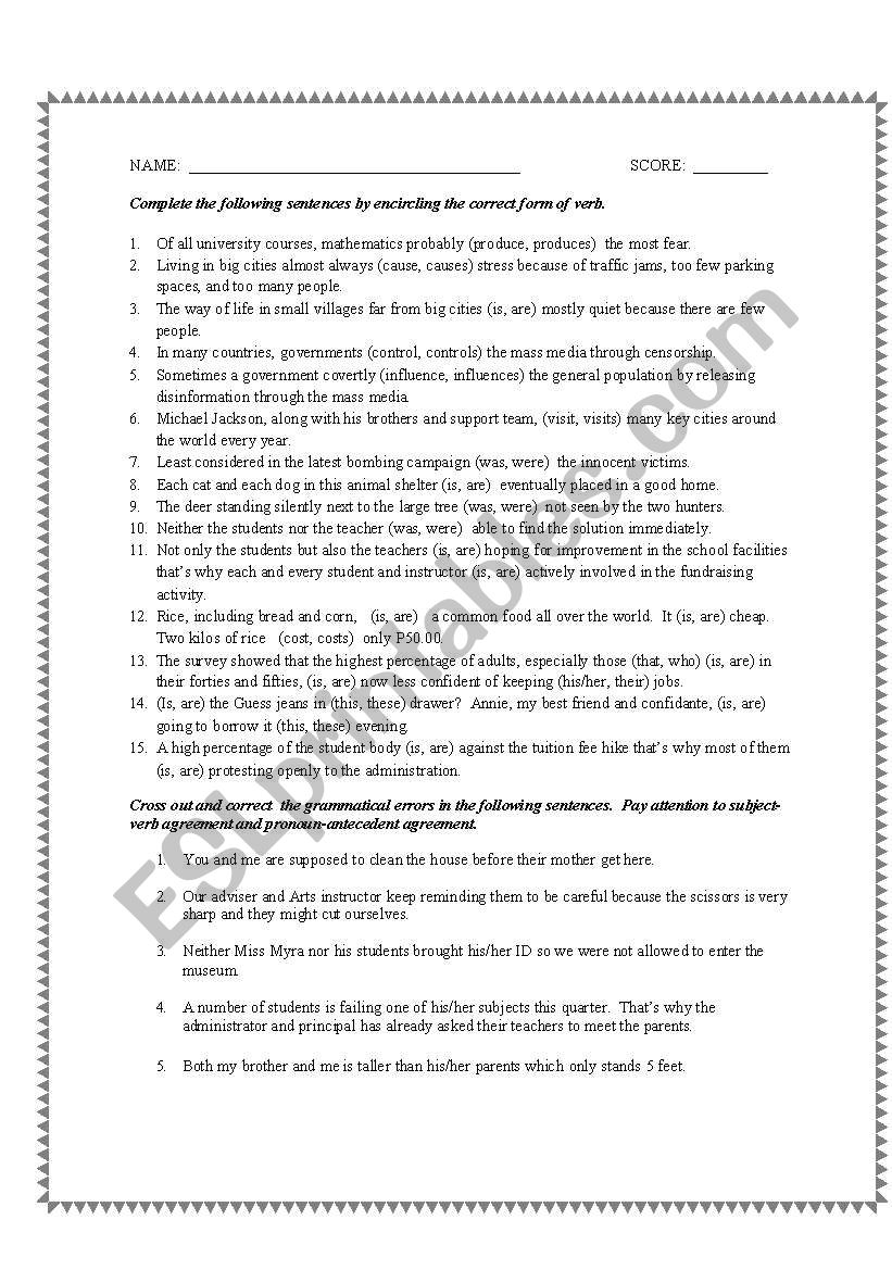 Subject-Verb and Pronoun-Antecedent Agreement Quiz