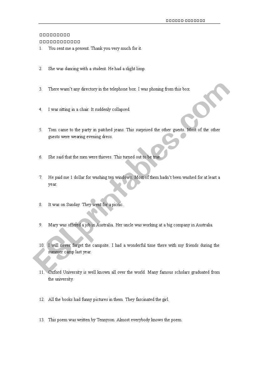 Grammar  attributive clause worksheet