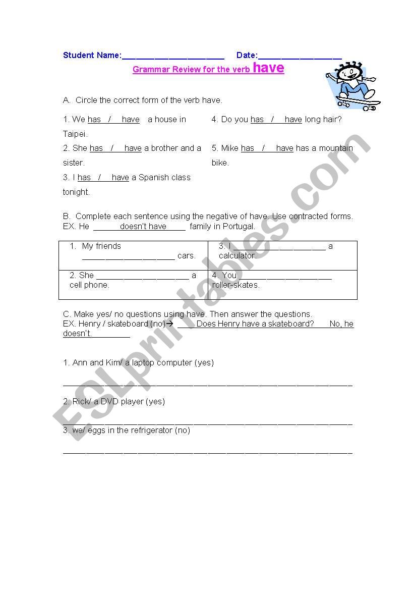 Grammar Review Verb Have worksheet